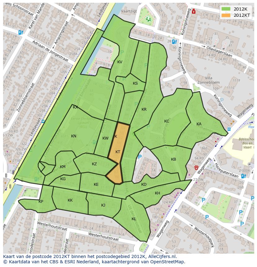 Afbeelding van het postcodegebied 2012 KT op de kaart.