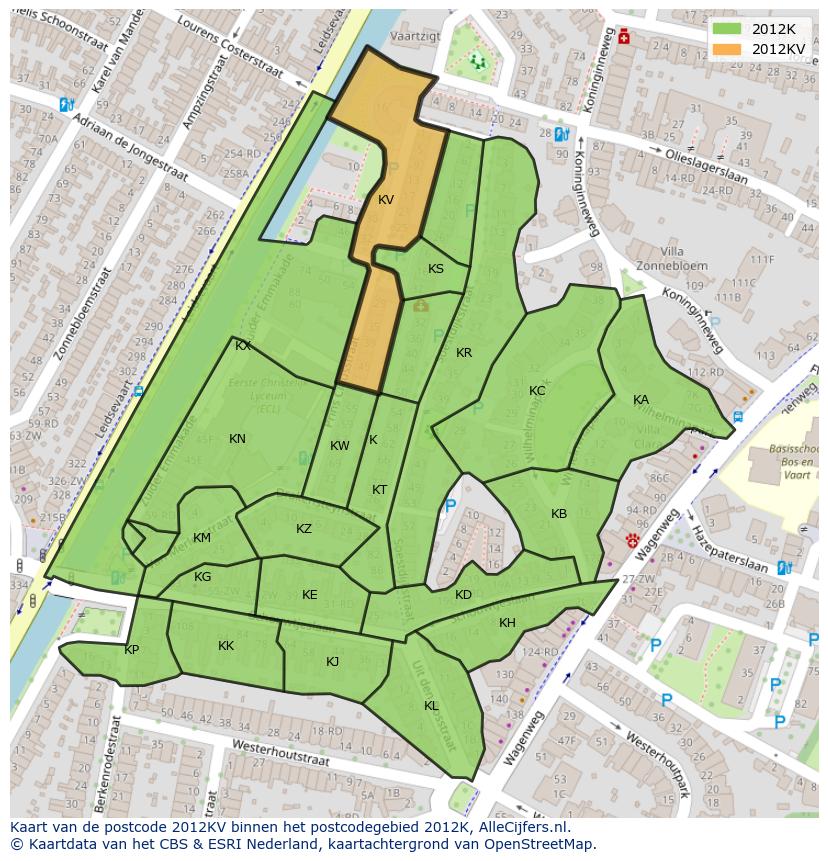 Afbeelding van het postcodegebied 2012 KV op de kaart.