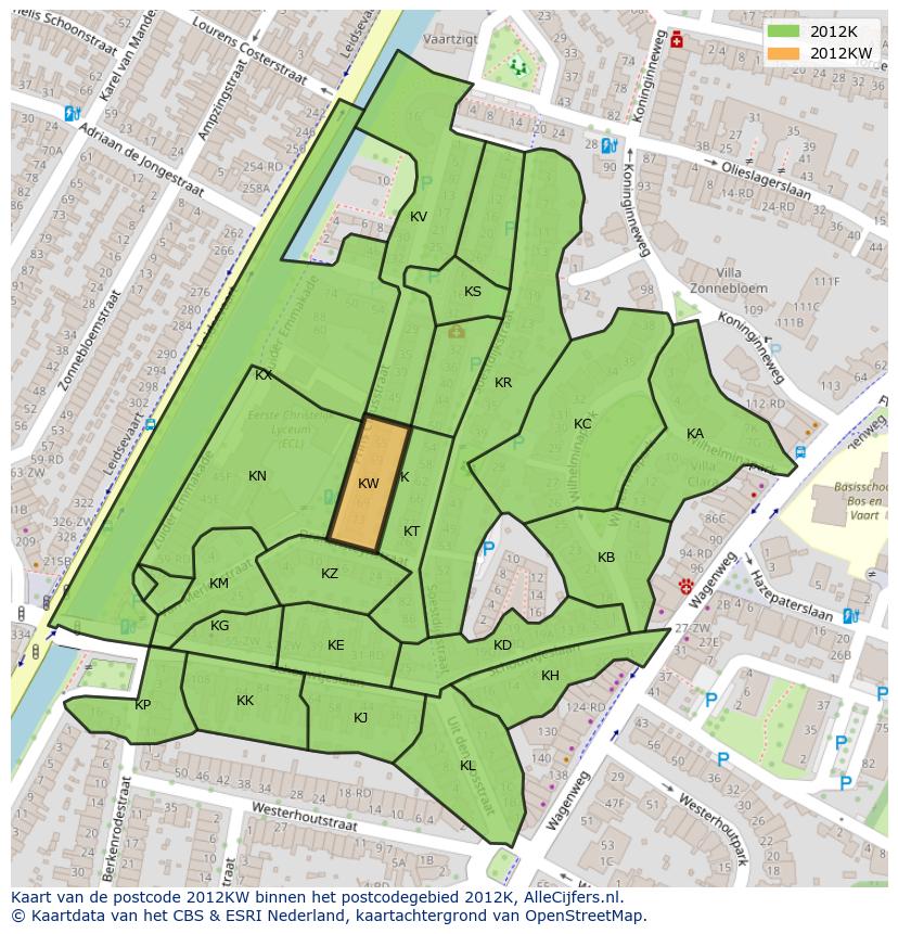 Afbeelding van het postcodegebied 2012 KW op de kaart.