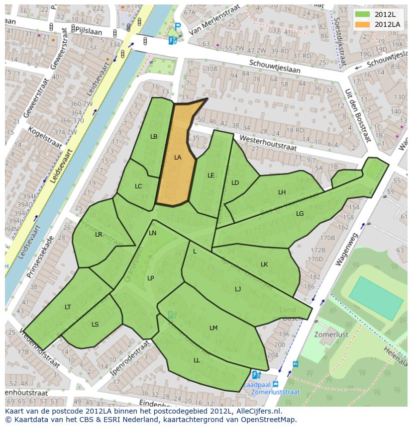 Afbeelding van het postcodegebied 2012 LA op de kaart.