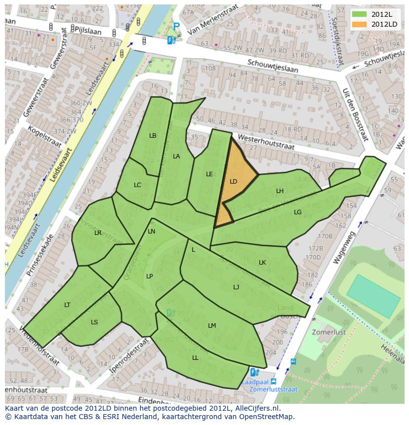 Afbeelding van het postcodegebied 2012 LD op de kaart.
