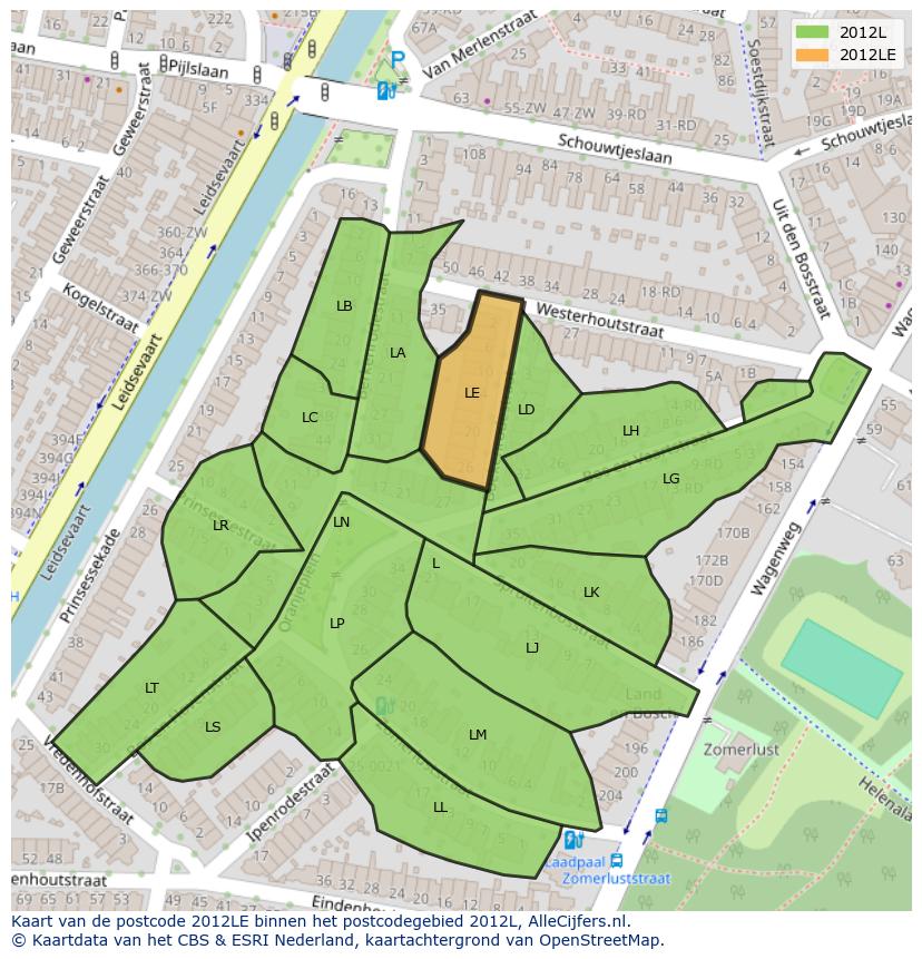Afbeelding van het postcodegebied 2012 LE op de kaart.