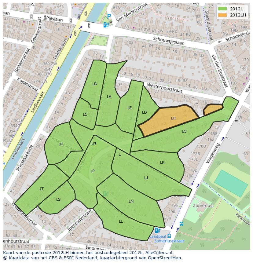 Afbeelding van het postcodegebied 2012 LH op de kaart.