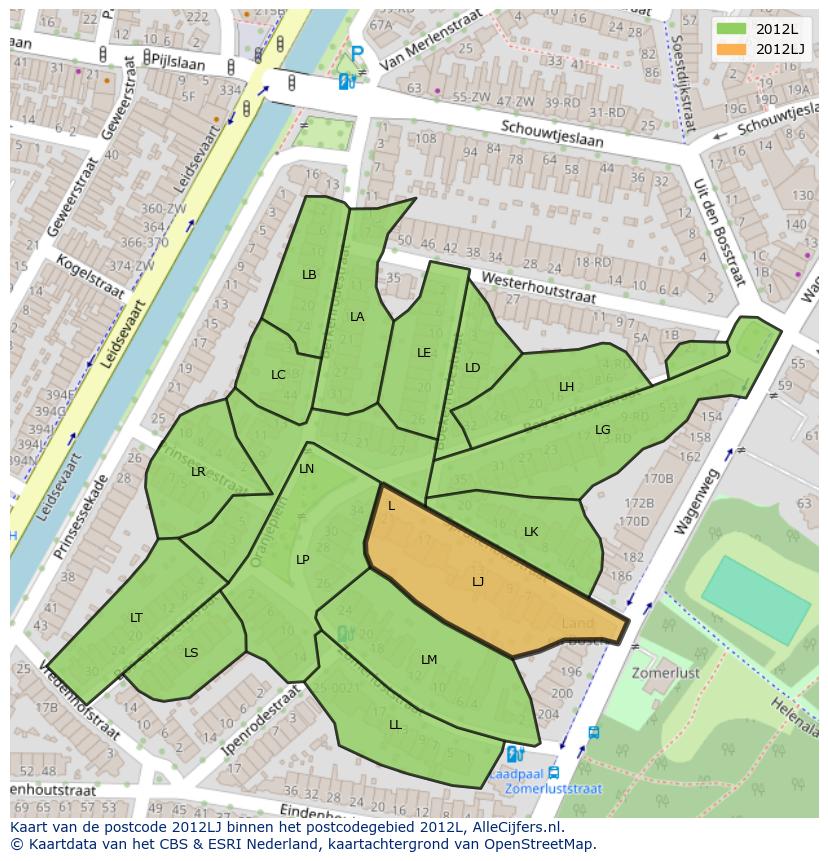 Afbeelding van het postcodegebied 2012 LJ op de kaart.