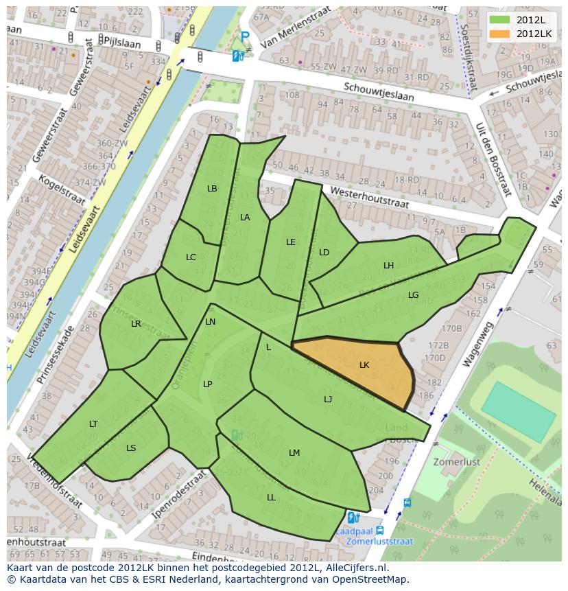Afbeelding van het postcodegebied 2012 LK op de kaart.