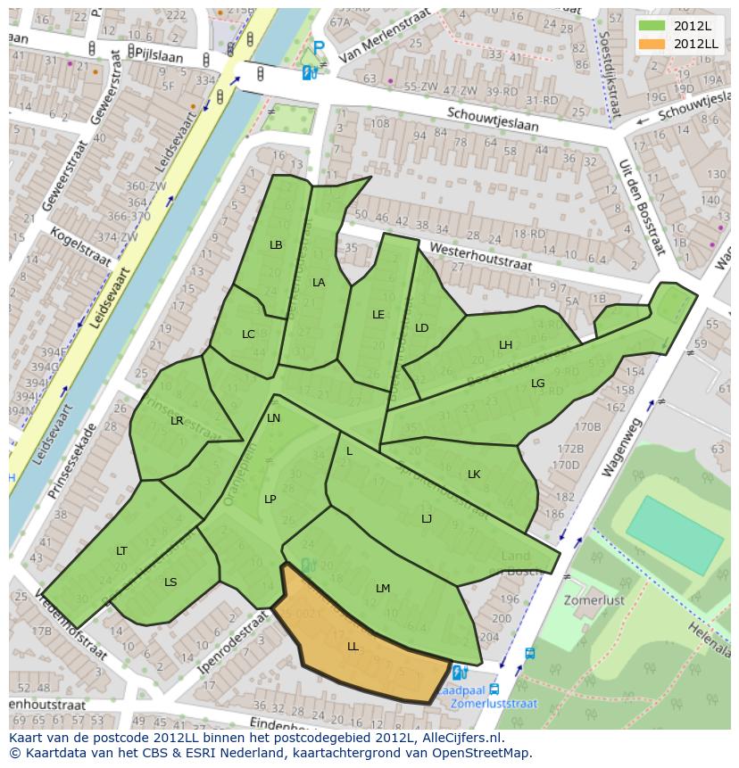 Afbeelding van het postcodegebied 2012 LL op de kaart.