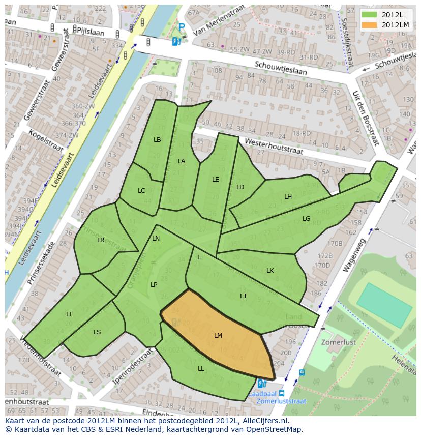 Afbeelding van het postcodegebied 2012 LM op de kaart.