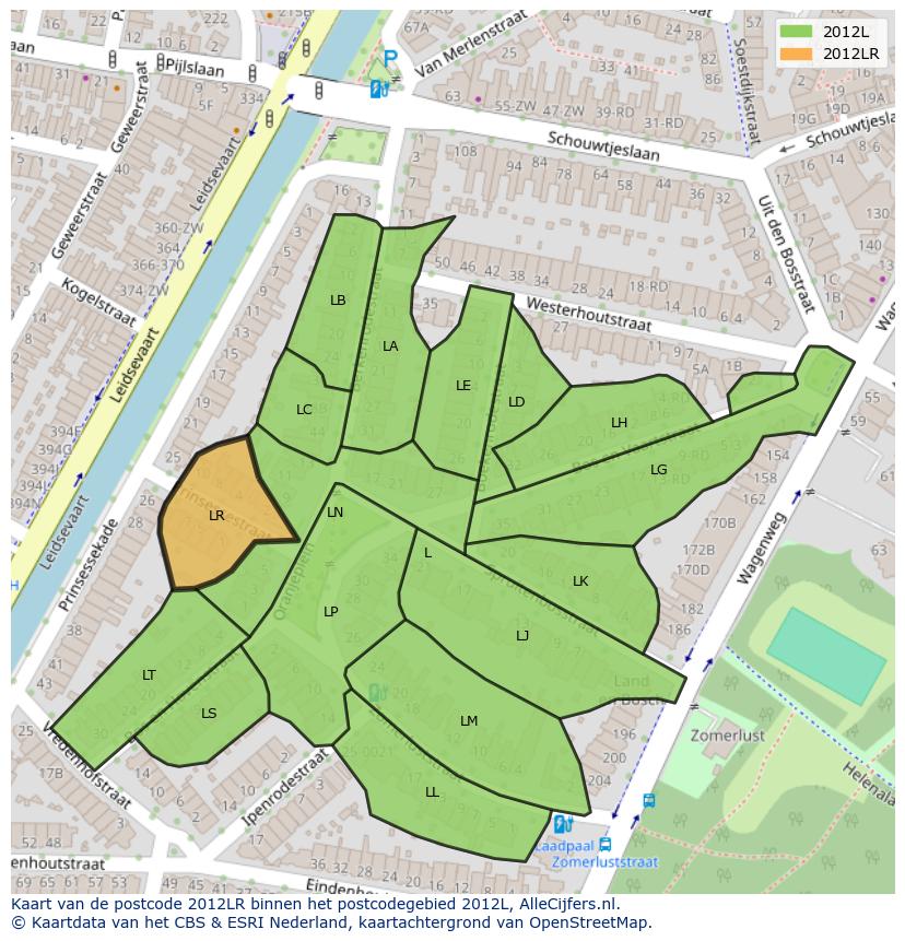 Afbeelding van het postcodegebied 2012 LR op de kaart.