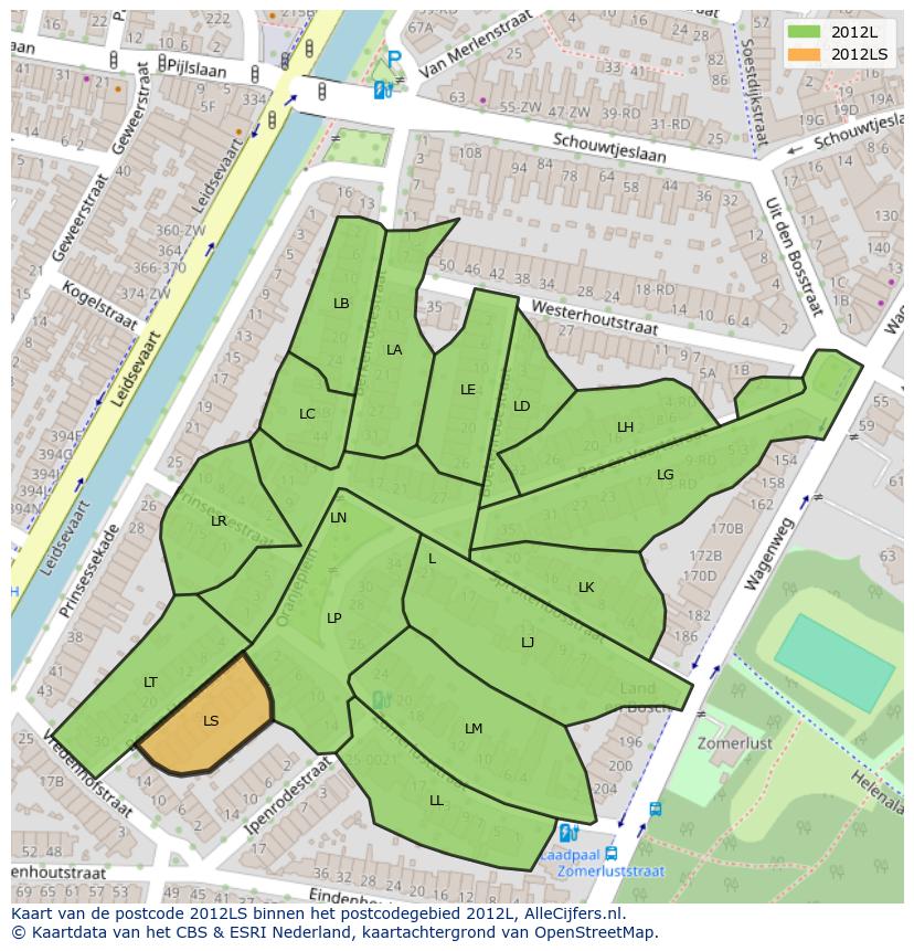 Afbeelding van het postcodegebied 2012 LS op de kaart.
