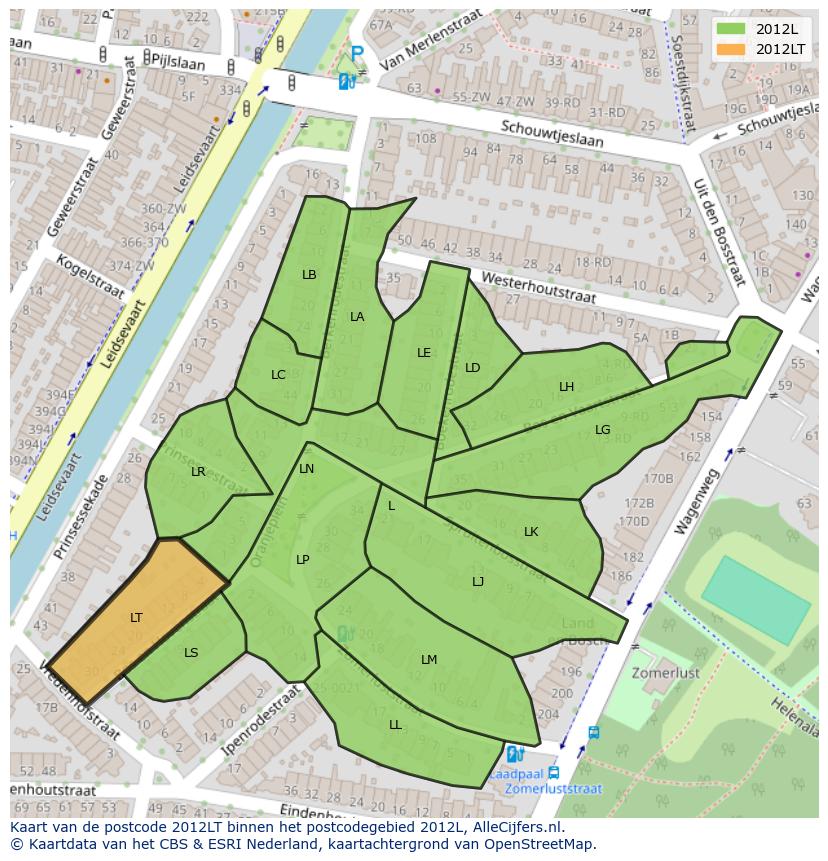 Afbeelding van het postcodegebied 2012 LT op de kaart.