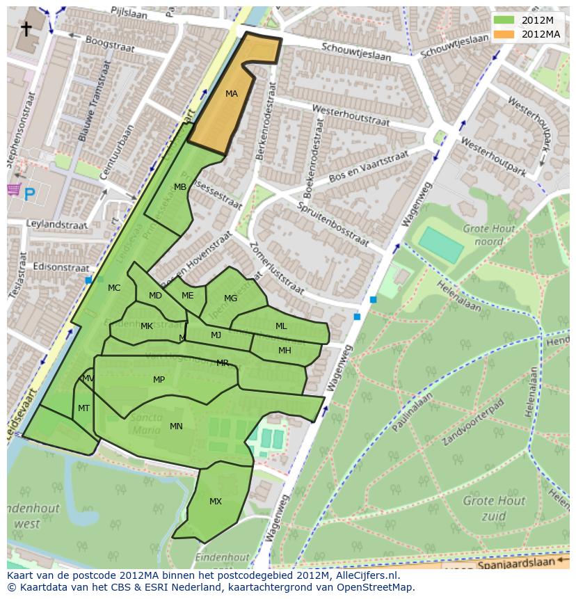 Afbeelding van het postcodegebied 2012 MA op de kaart.