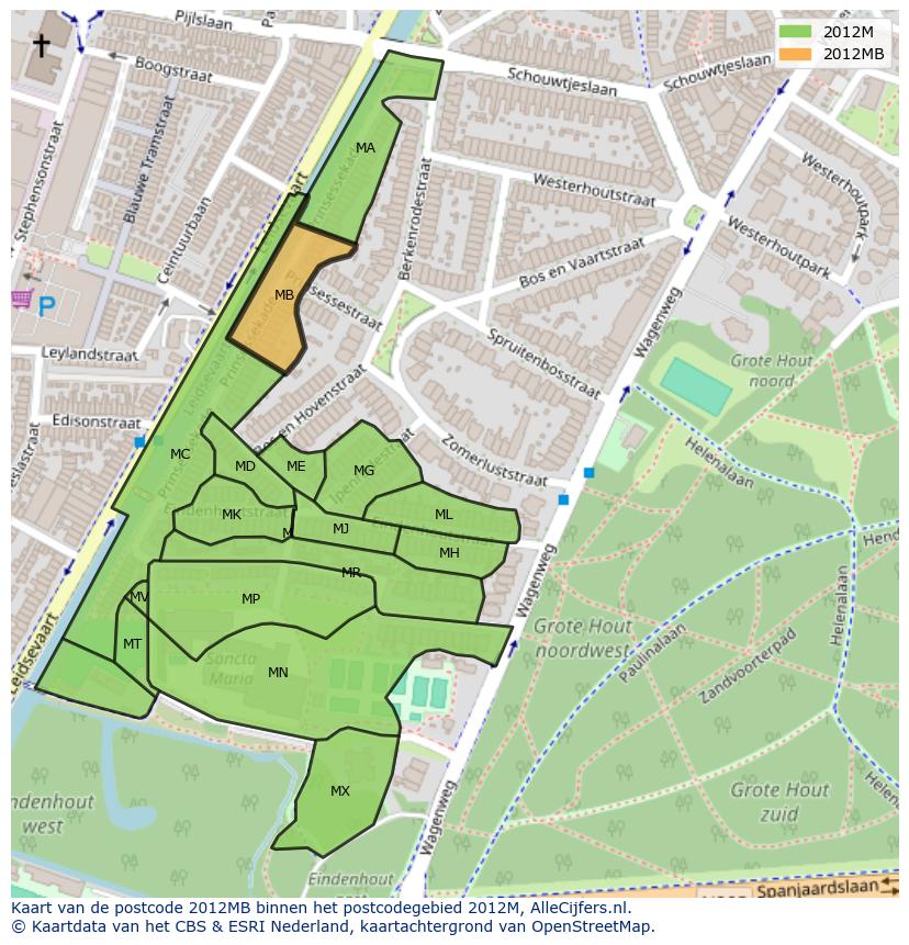 Afbeelding van het postcodegebied 2012 MB op de kaart.
