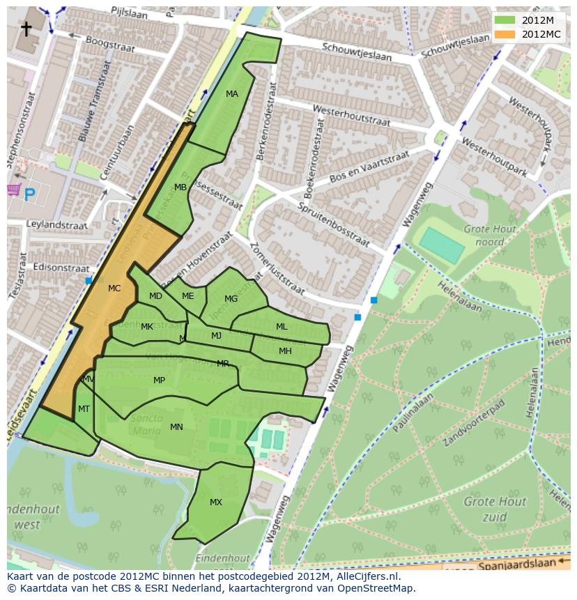 Afbeelding van het postcodegebied 2012 MC op de kaart.