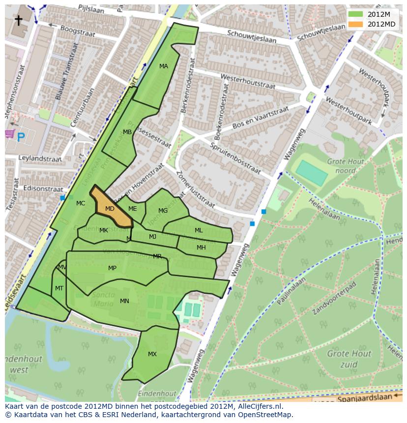 Afbeelding van het postcodegebied 2012 MD op de kaart.