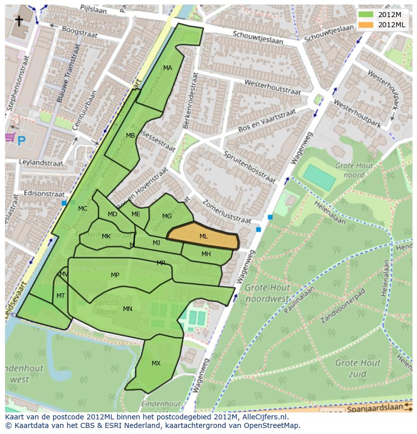 Afbeelding van het postcodegebied 2012 ML op de kaart.