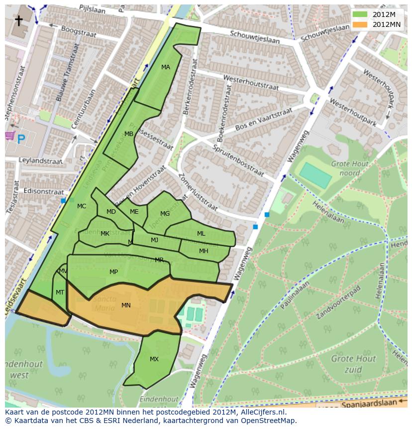 Afbeelding van het postcodegebied 2012 MN op de kaart.