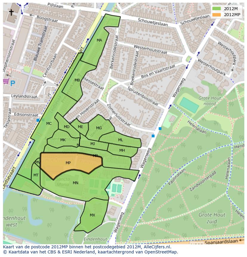 Afbeelding van het postcodegebied 2012 MP op de kaart.