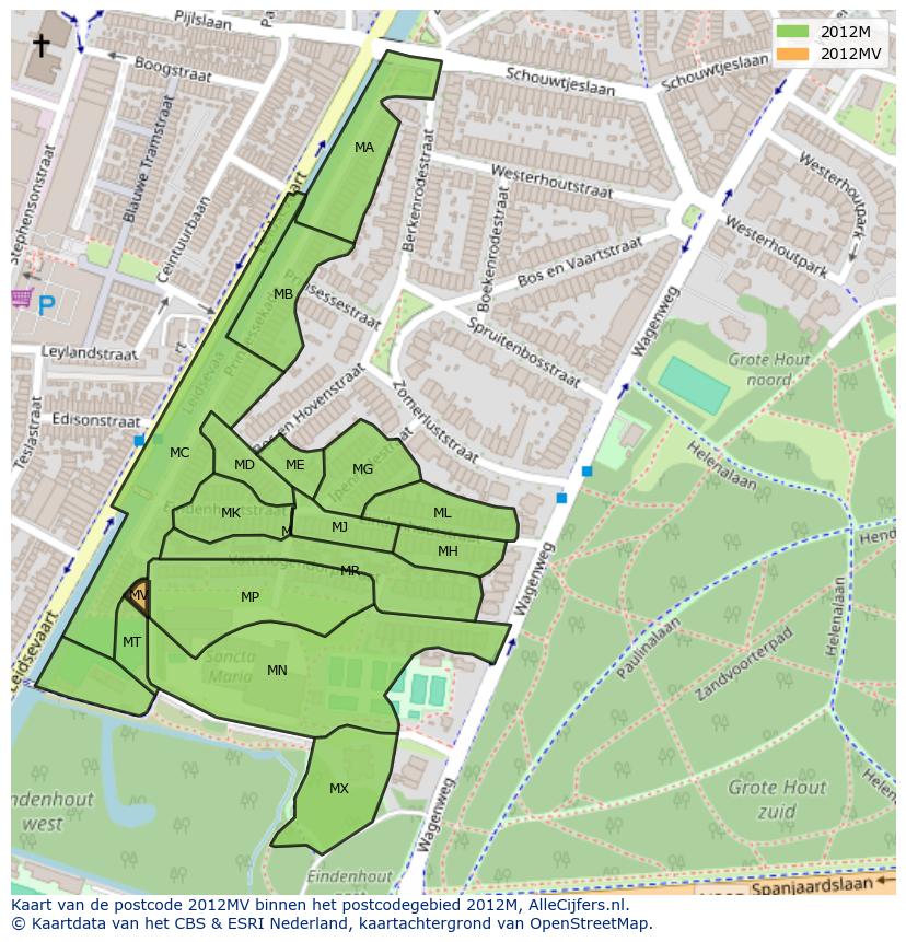 Afbeelding van het postcodegebied 2012 MV op de kaart.