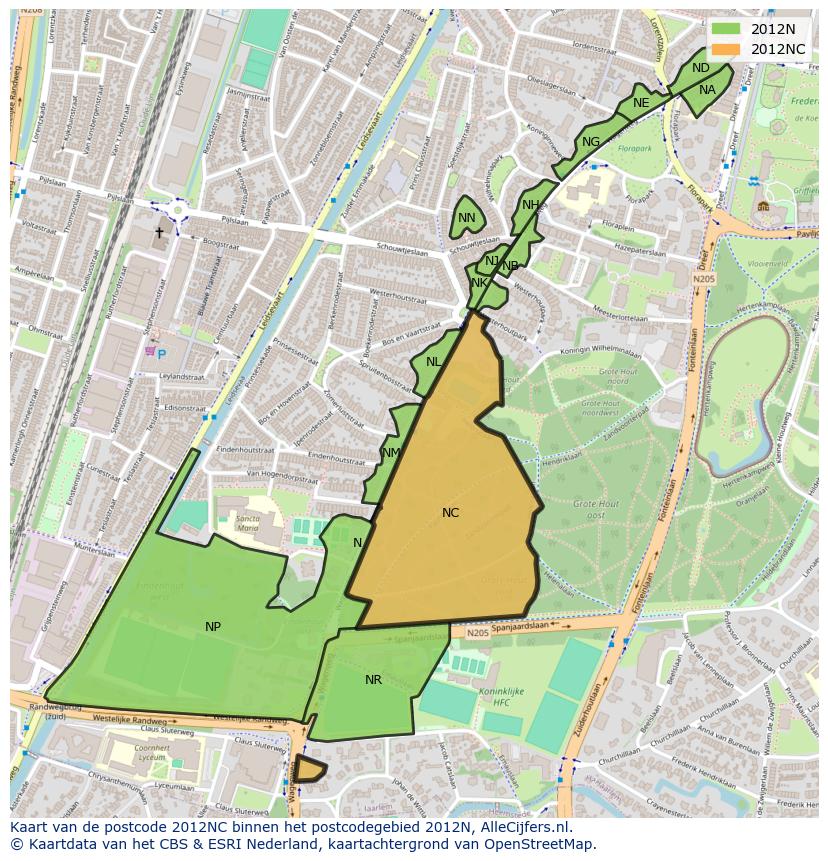 Afbeelding van het postcodegebied 2012 NC op de kaart.