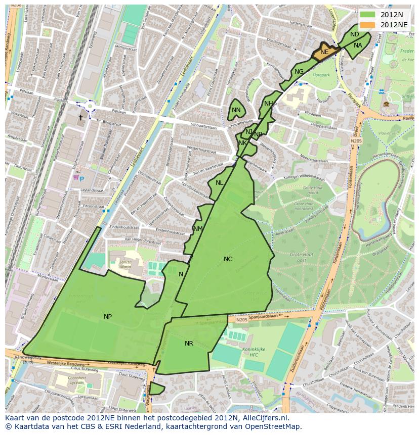 Afbeelding van het postcodegebied 2012 NE op de kaart.
