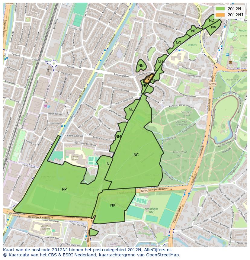 Afbeelding van het postcodegebied 2012 NJ op de kaart.
