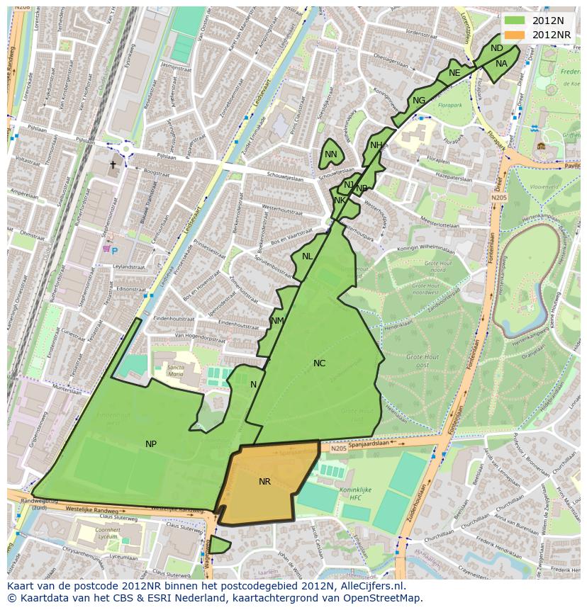 Afbeelding van het postcodegebied 2012 NR op de kaart.