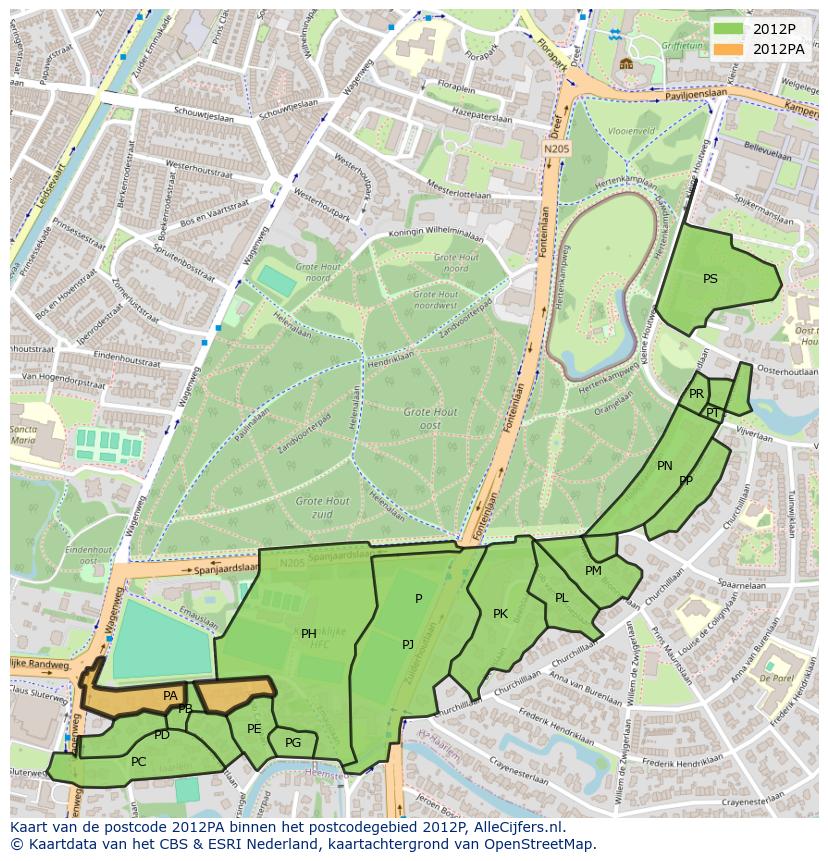 Afbeelding van het postcodegebied 2012 PA op de kaart.