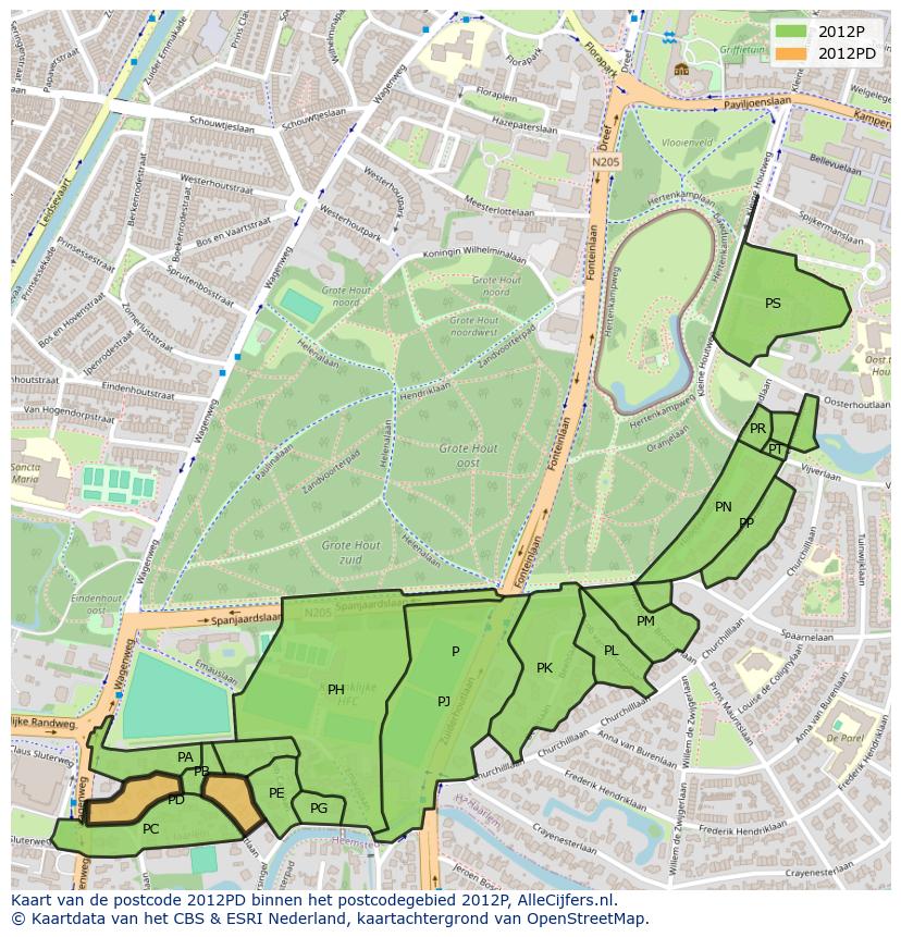 Afbeelding van het postcodegebied 2012 PD op de kaart.