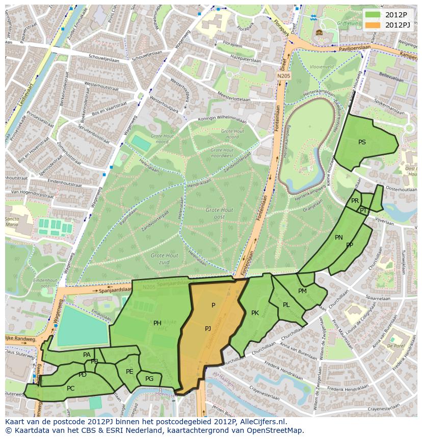 Afbeelding van het postcodegebied 2012 PJ op de kaart.