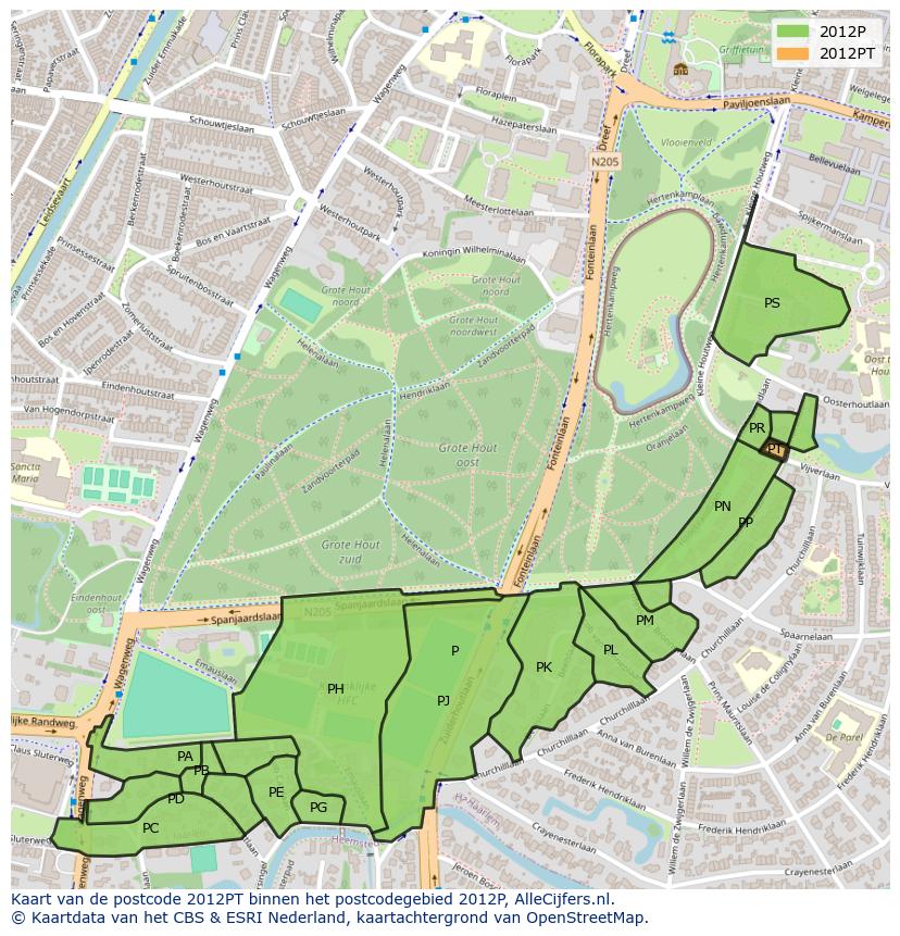 Afbeelding van het postcodegebied 2012 PT op de kaart.