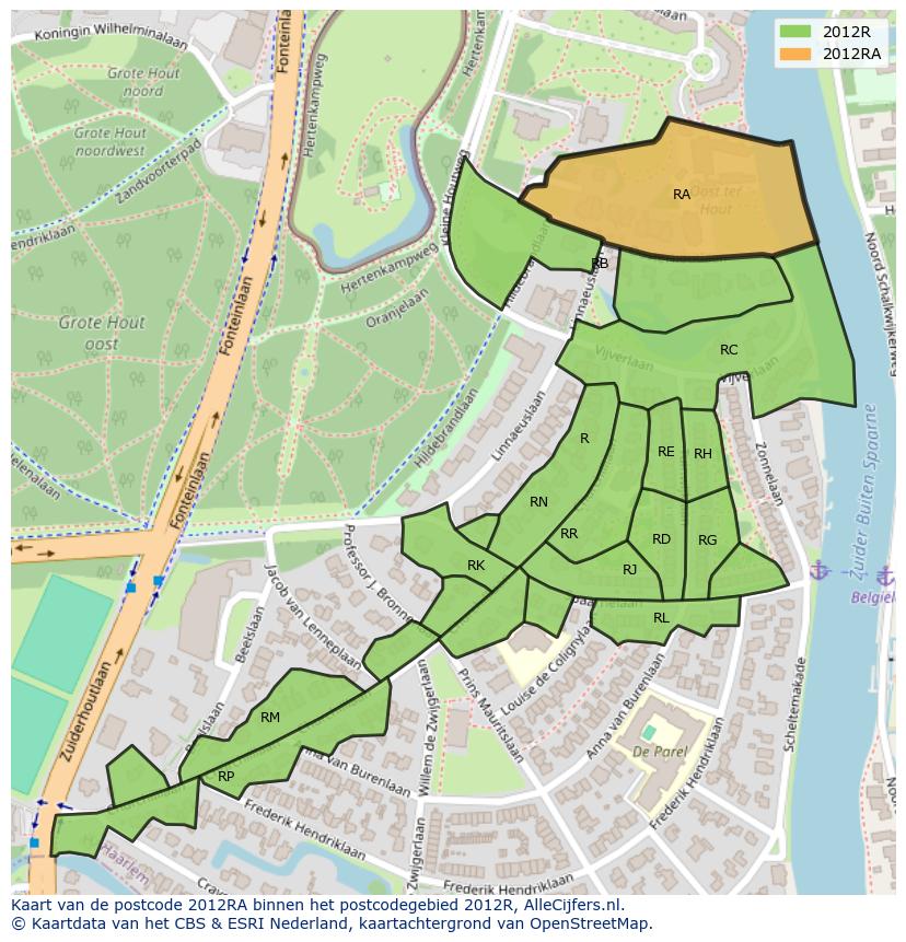 Afbeelding van het postcodegebied 2012 RA op de kaart.