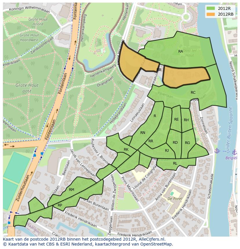 Afbeelding van het postcodegebied 2012 RB op de kaart.
