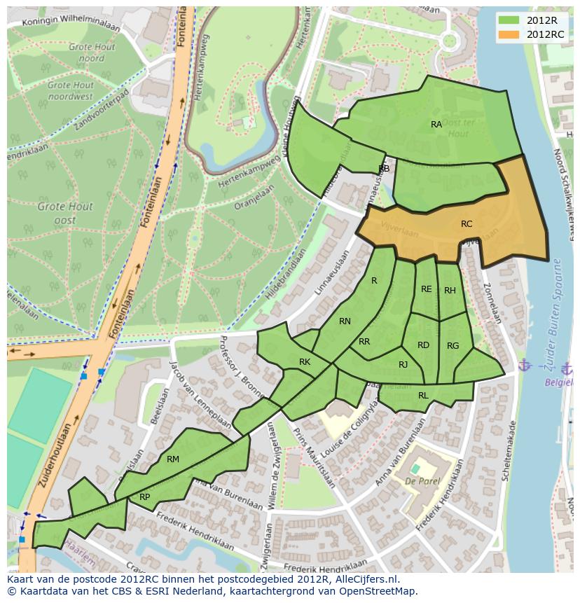 Afbeelding van het postcodegebied 2012 RC op de kaart.
