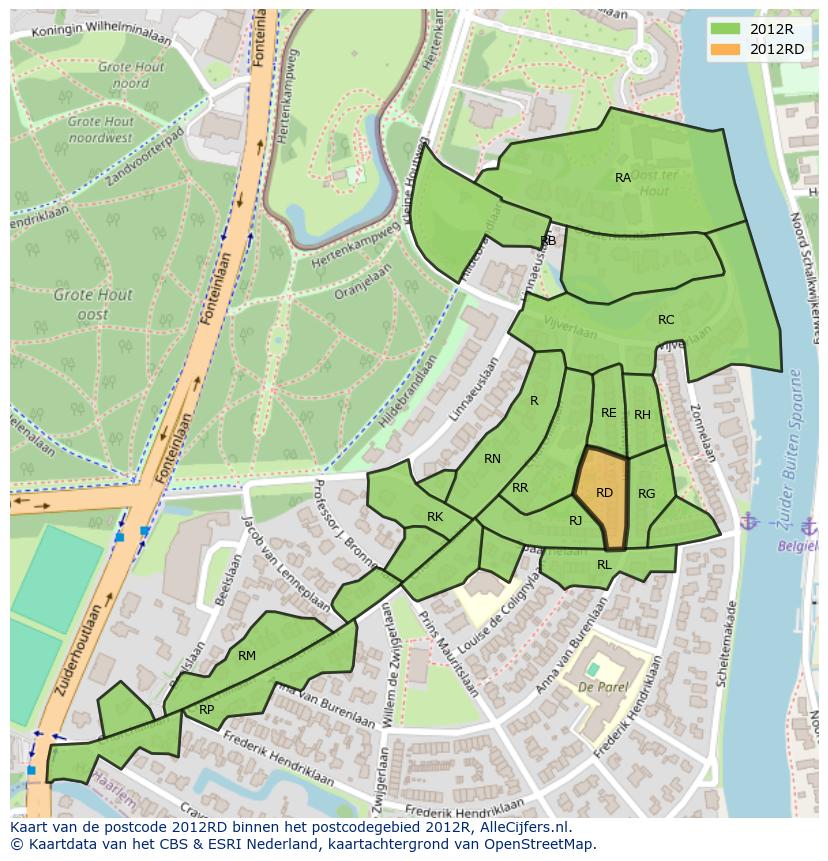 Afbeelding van het postcodegebied 2012 RD op de kaart.