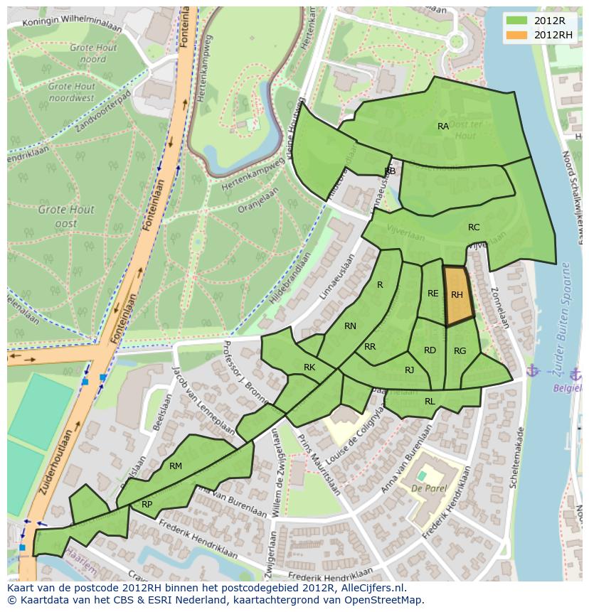 Afbeelding van het postcodegebied 2012 RH op de kaart.