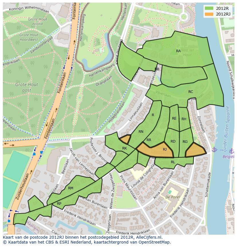 Afbeelding van het postcodegebied 2012 RJ op de kaart.