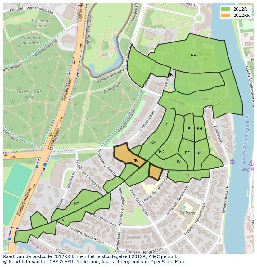 Afbeelding van het postcodegebied 2012 RK op de kaart.