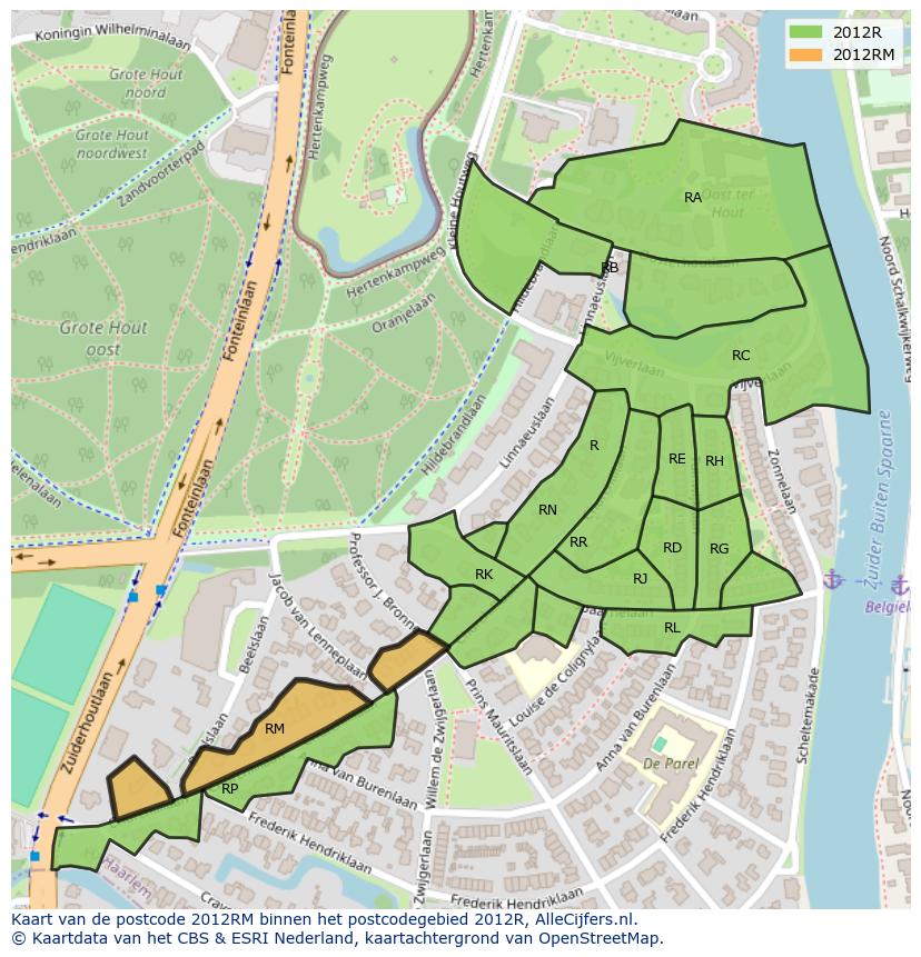 Afbeelding van het postcodegebied 2012 RM op de kaart.