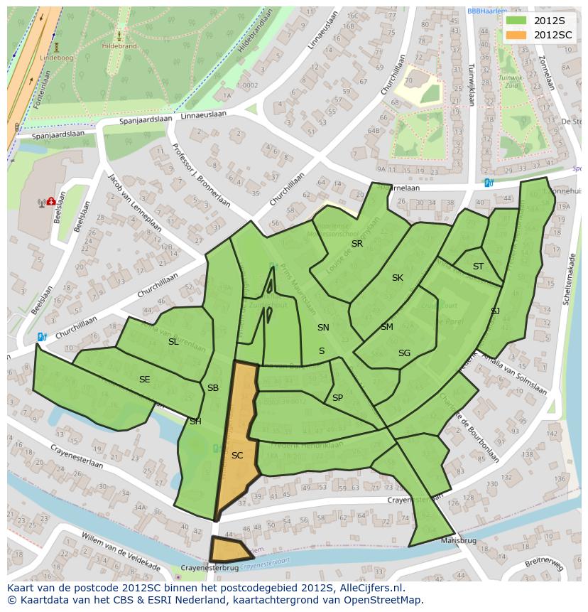 Afbeelding van het postcodegebied 2012 SC op de kaart.