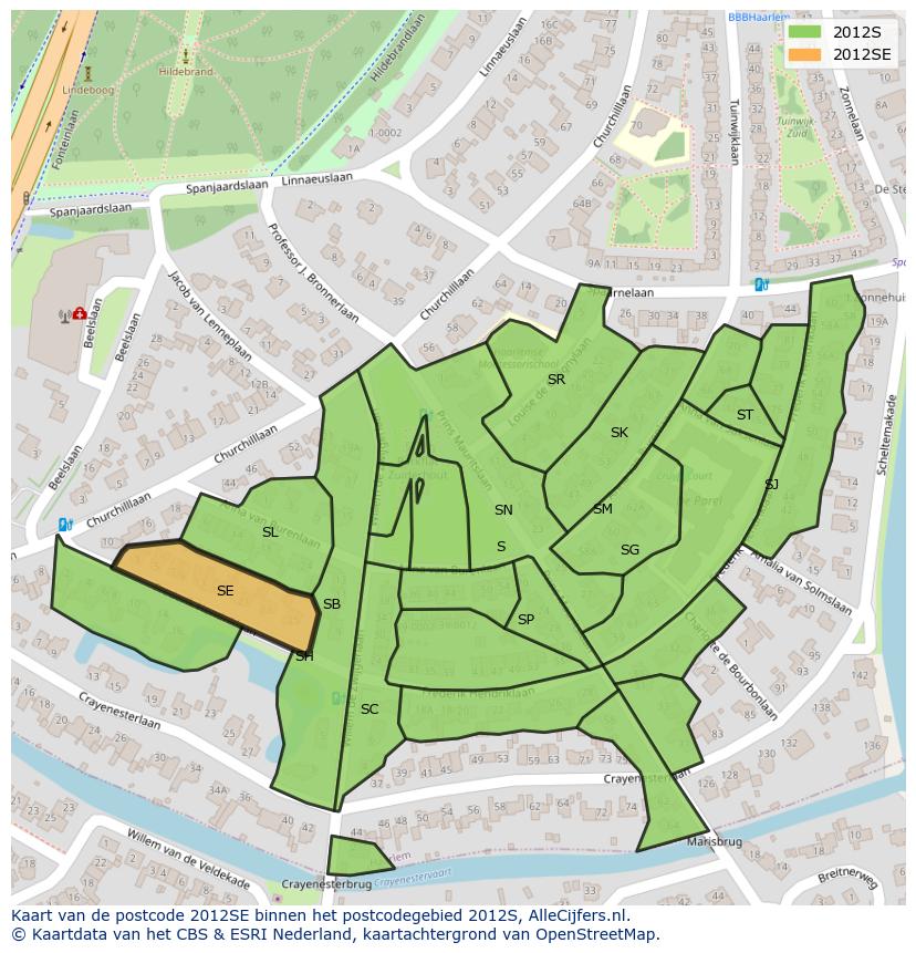 Afbeelding van het postcodegebied 2012 SE op de kaart.