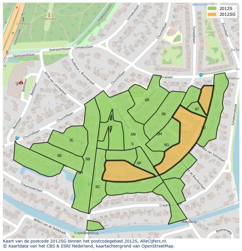 Afbeelding van het postcodegebied 2012 SG op de kaart.