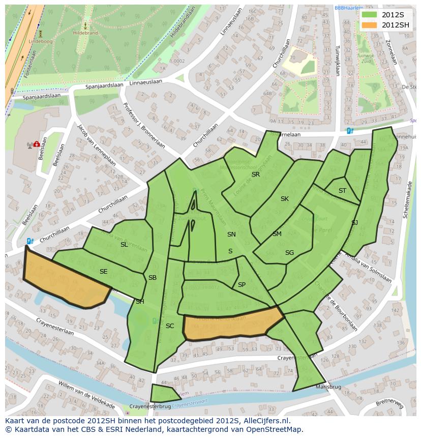 Afbeelding van het postcodegebied 2012 SH op de kaart.