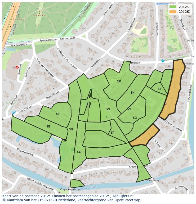 Afbeelding van het postcodegebied 2012 SJ op de kaart.