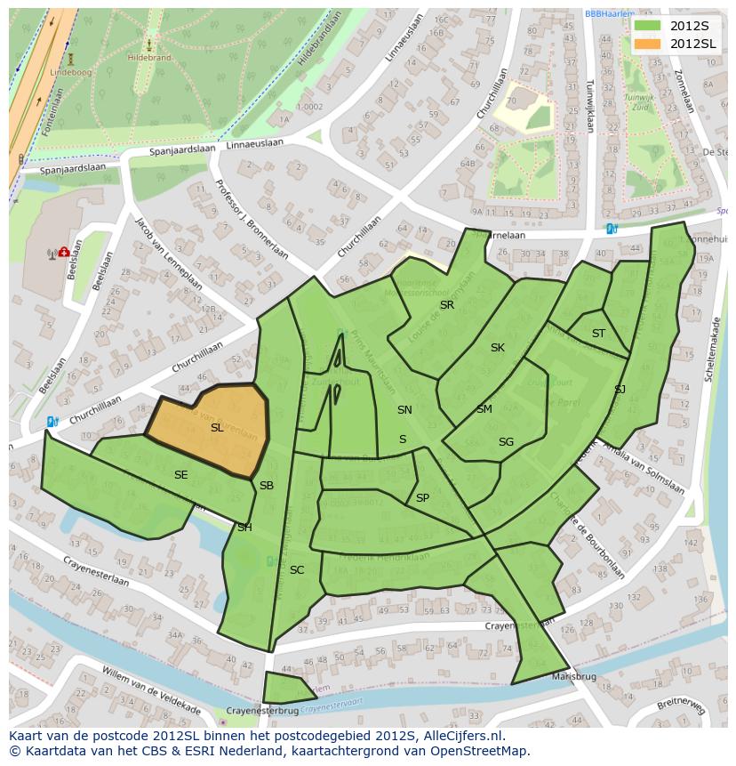 Afbeelding van het postcodegebied 2012 SL op de kaart.