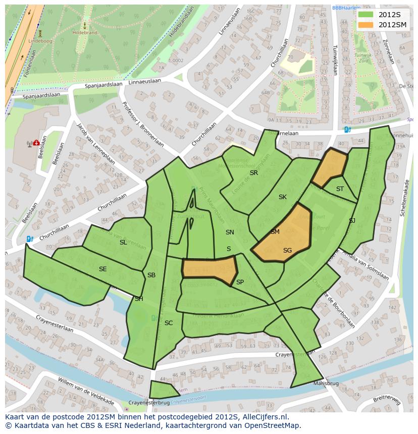 Afbeelding van het postcodegebied 2012 SM op de kaart.