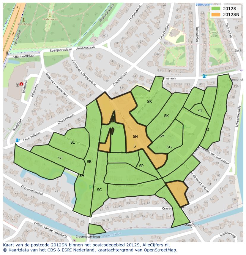 Afbeelding van het postcodegebied 2012 SN op de kaart.