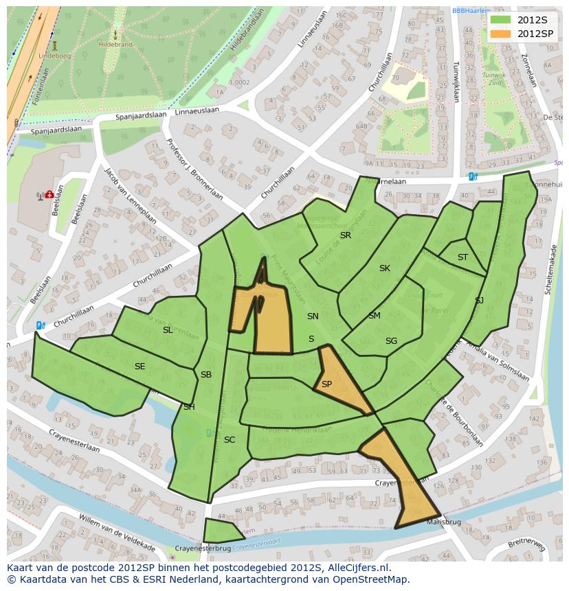 Afbeelding van het postcodegebied 2012 SP op de kaart.
