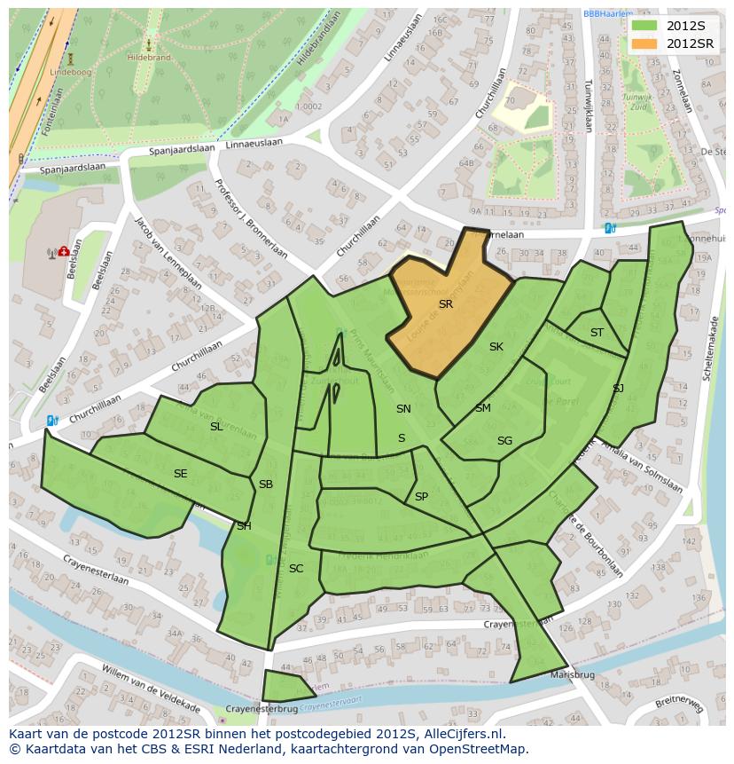 Afbeelding van het postcodegebied 2012 SR op de kaart.