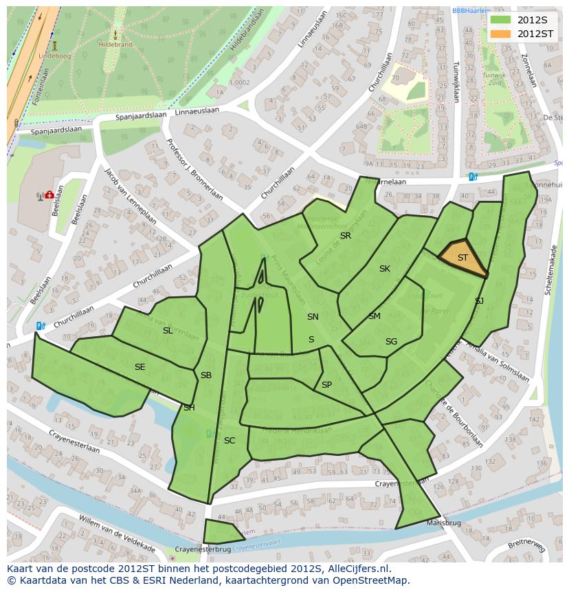 Afbeelding van het postcodegebied 2012 ST op de kaart.