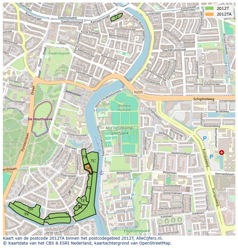 Afbeelding van het postcodegebied 2012 TA op de kaart.